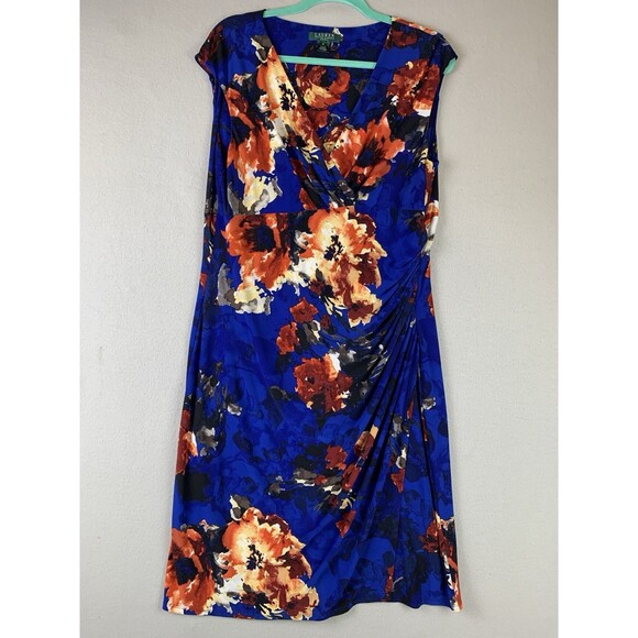 Lauren Ralph Lauren Womans Dress 18 Floral Faux Wrap V-Neck Ruched Sheath Midi - Picture 1 of 8